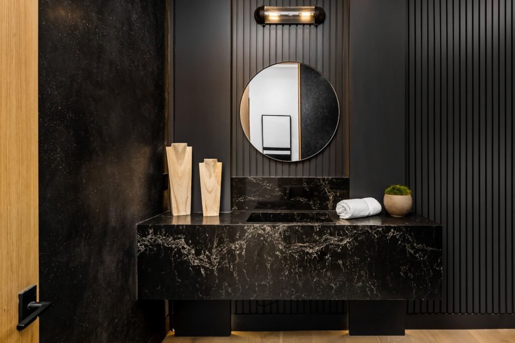 Black Bathroom Cabinet Ideas - A Guide to Bold and Stylish Storage modern bathroom with black marble sink and round m 2024 10 02 18 15 40 utc